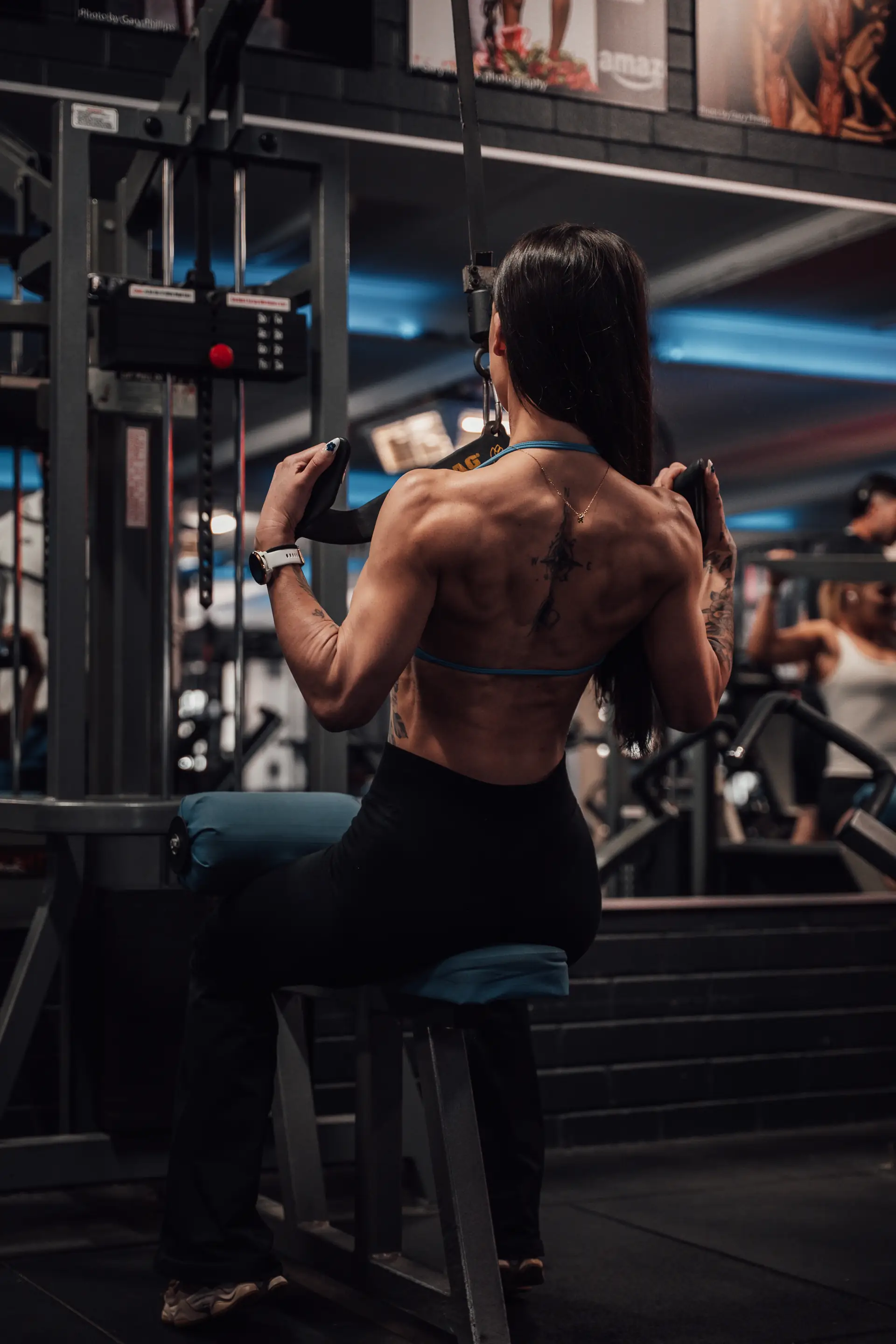 Samantha Hobley mid lat pulldown at Doherty’s Gym in Perth.